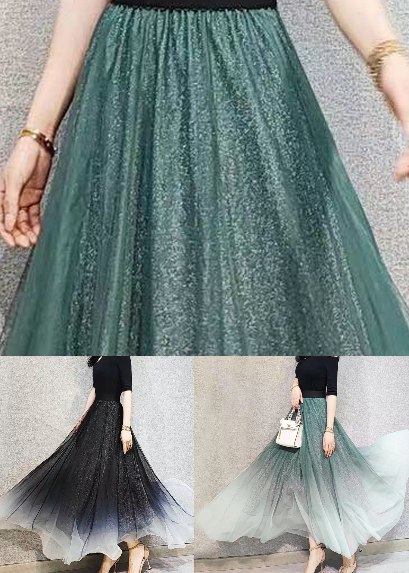 Chic Gradient Black Exra Large Hem Tulle Skirts Spring