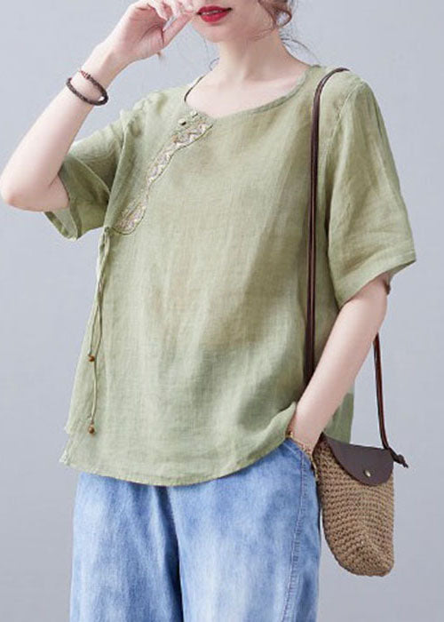 Chic Green O-Neck embroidery Shirt Short Sleeve