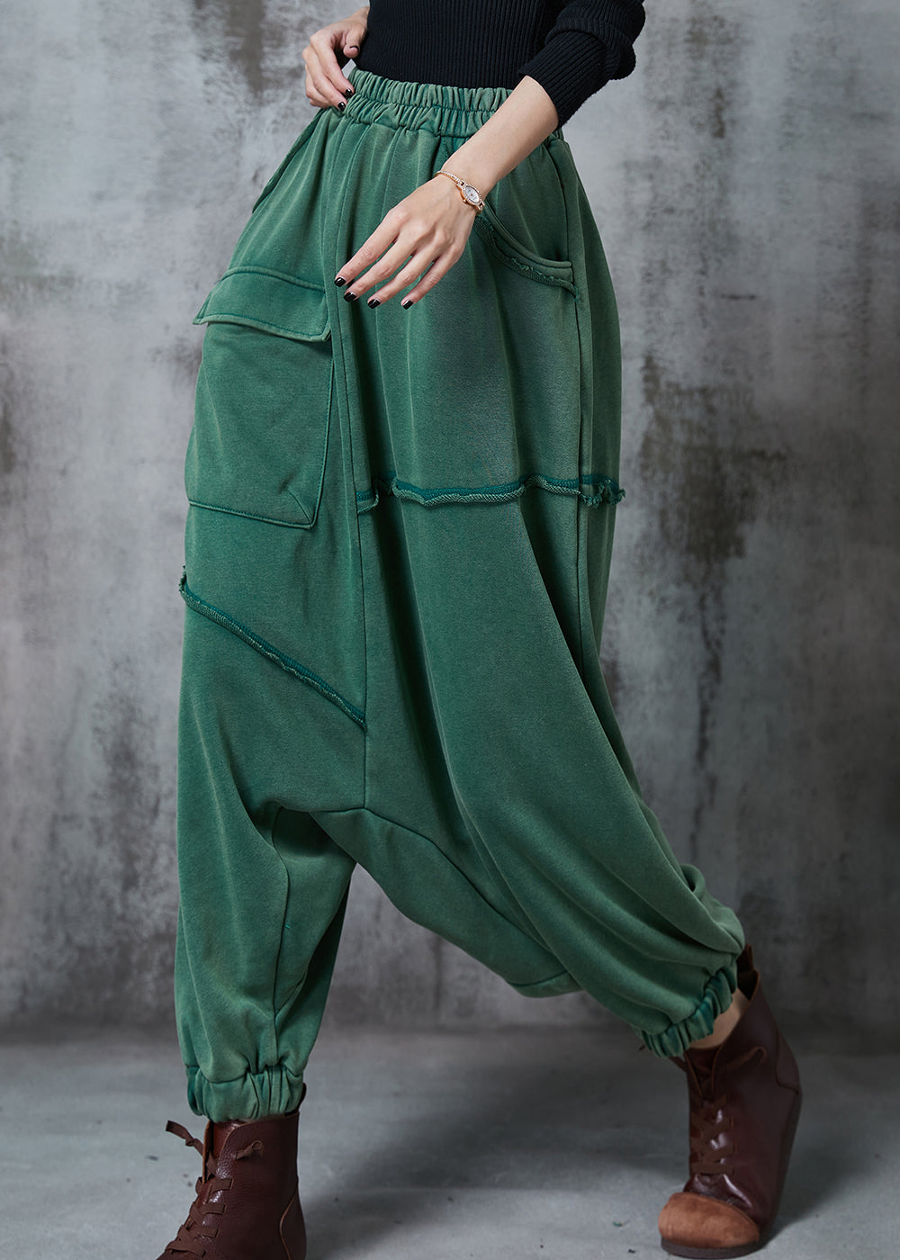 Chic Green Oversized Asymmetrical Cotton Harem Pants Fall