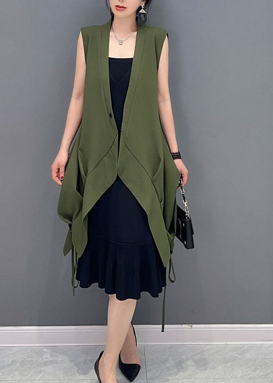 Chic Green Pockets Cinched Patchwork Cotton Vest Sleeveless