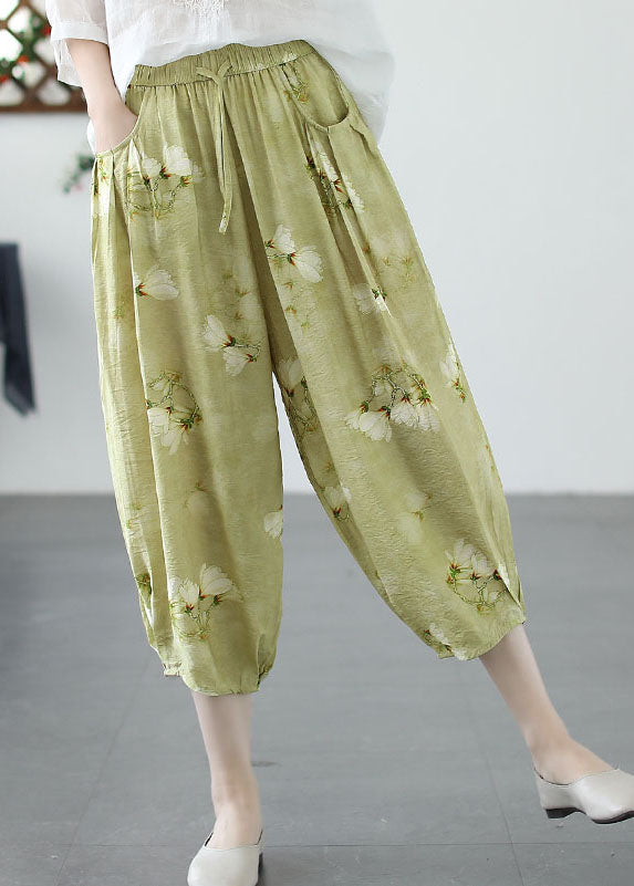 Chic Green Print Pockets Patchwork Linen Harem Pants Summer