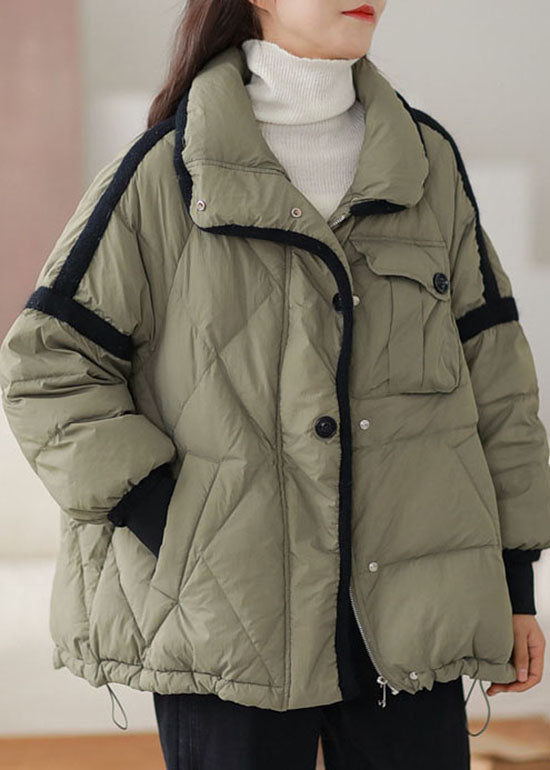 Chic Green Zip Up Patchwork Duck Down Puffer Jacket Winter