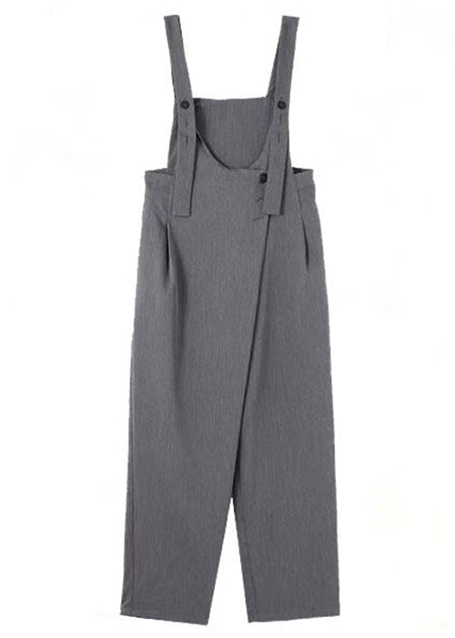 Chic Grey Pockets High Waist Patchwork Cotton Jumpsuits Fall