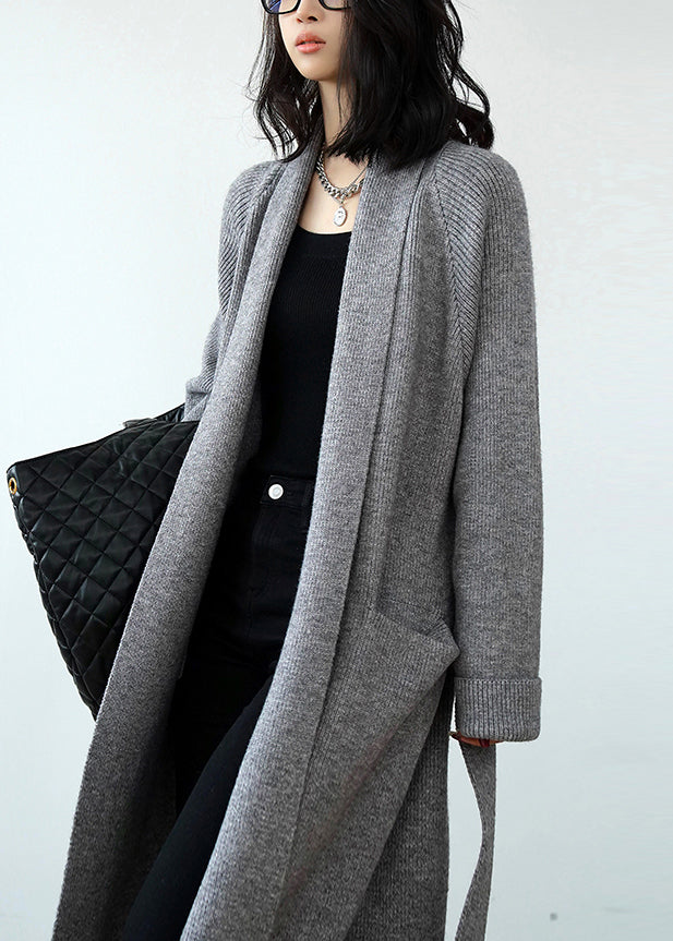 Chic Grey Pockets Tie Waist Knit Loose Cardigans Spring Winter