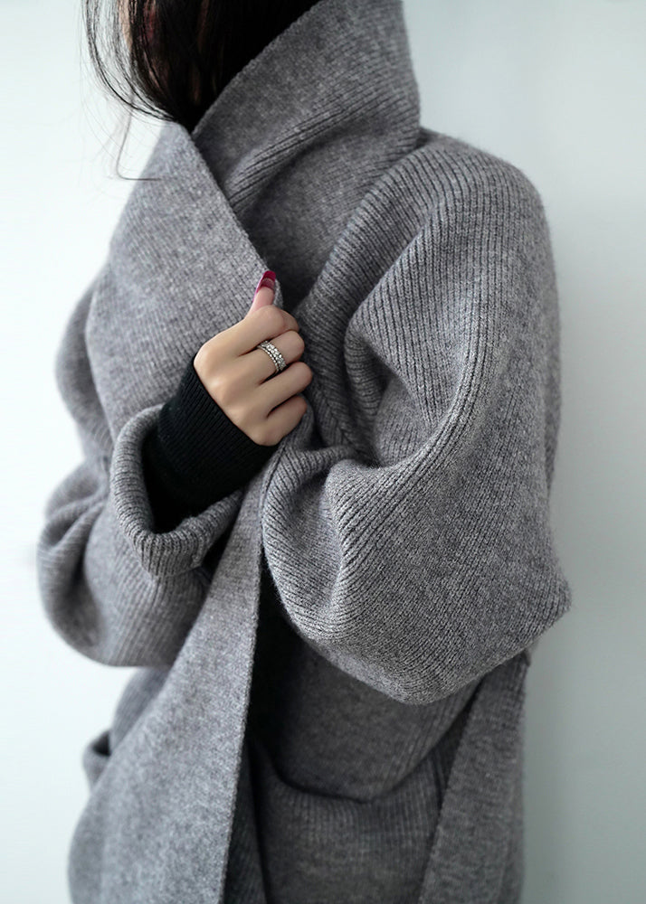 Chic Grey Pockets Tie Waist Knit Loose Cardigans Spring Winter