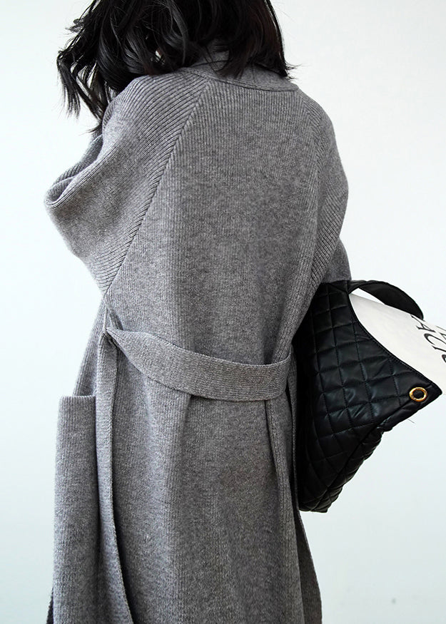 Chic Grey Pockets Tie Waist Knit Loose Cardigans Spring Winter