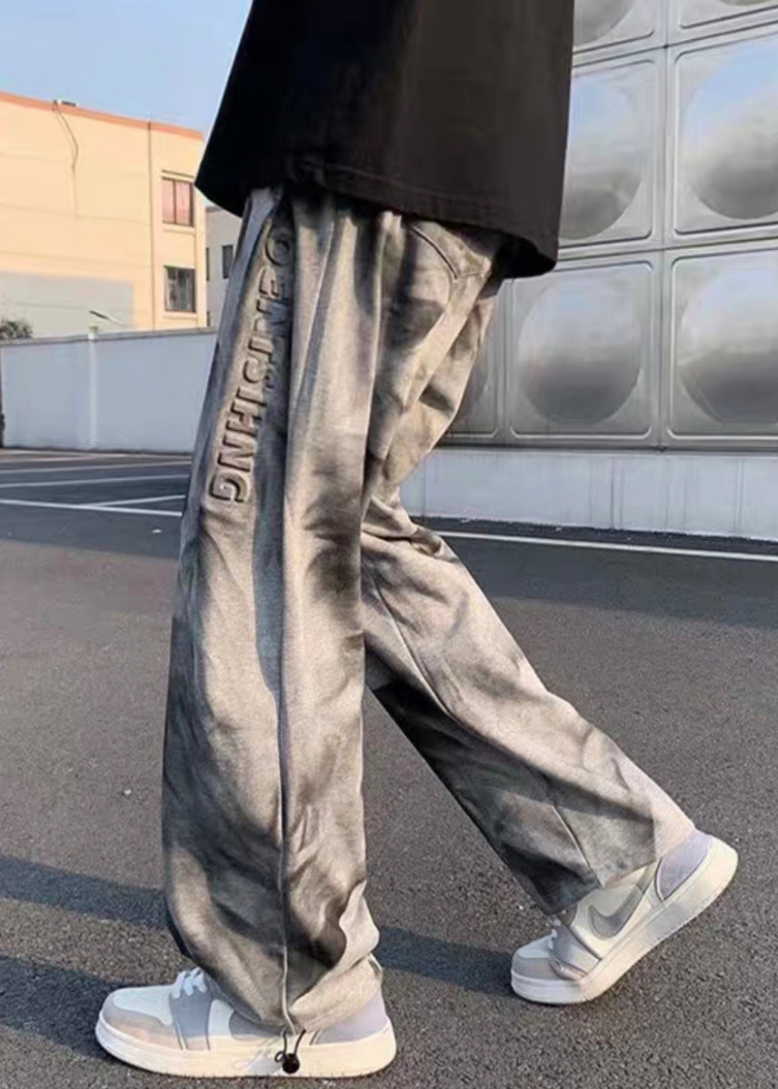 Chic Grey Tie Dye Drawstring Cotton Men Crop Pants Fall