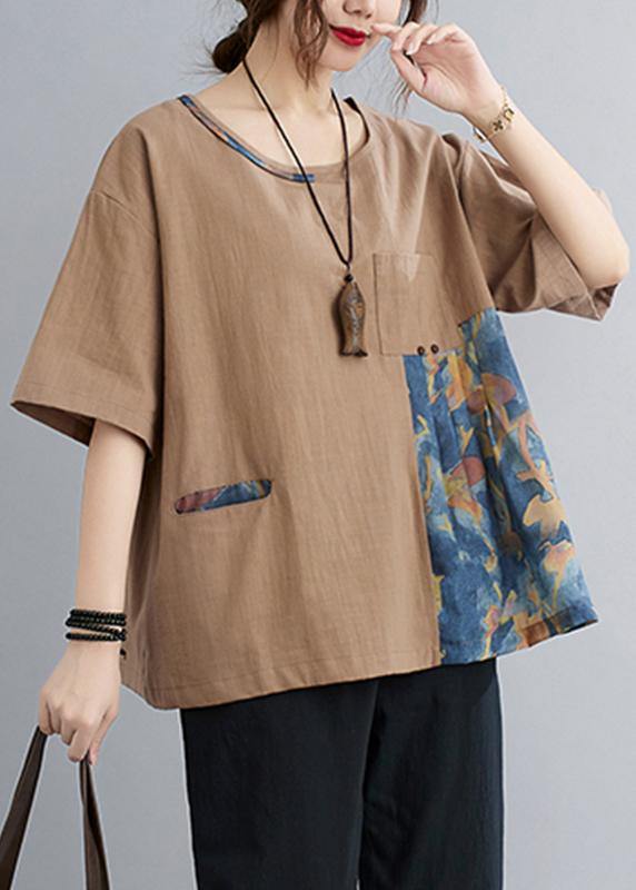 Chic Khaki Patchwork Pockets Cotton Linen Shirt Summer