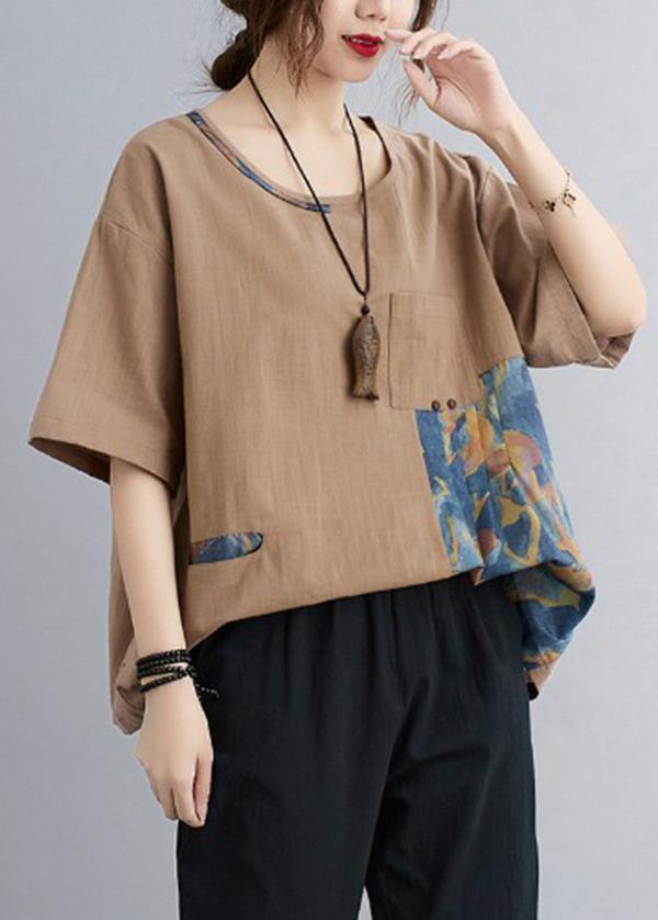 Chic Khaki Patchwork Pockets Cotton Linen Shirt Summer