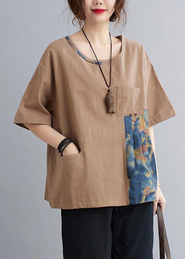 Chic Khaki Patchwork Pockets Cotton Linen Shirt Summer