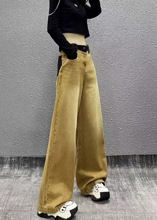 Chic Khaki Pockets Patchwork Denim Wide Leg Pants Spring