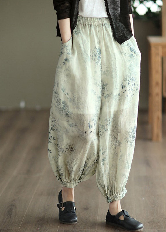 Chic Khaki Print Elastic Waist Linen Beam Pants Spring