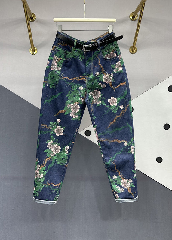 Chic Navy Pockets Floral Patchwork Denim Pants Fall