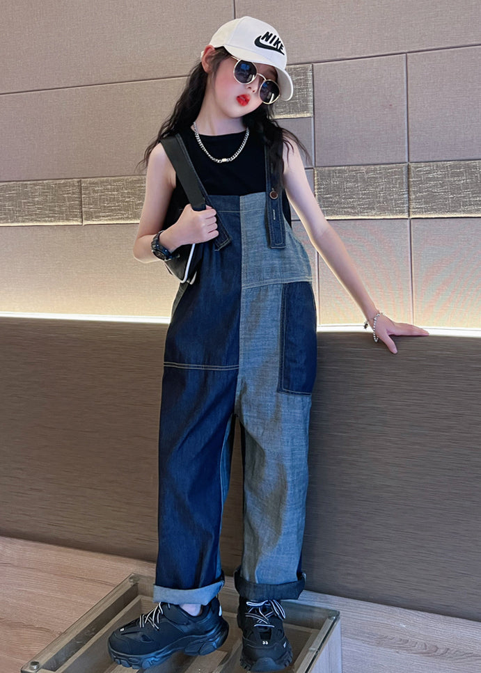 Chic Navy Pockets High Waist Girls Denim Overalls Jumpsuit Fall