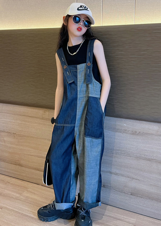 Chic Navy Pockets High Waist Girls Denim Overalls Jumpsuit Fall