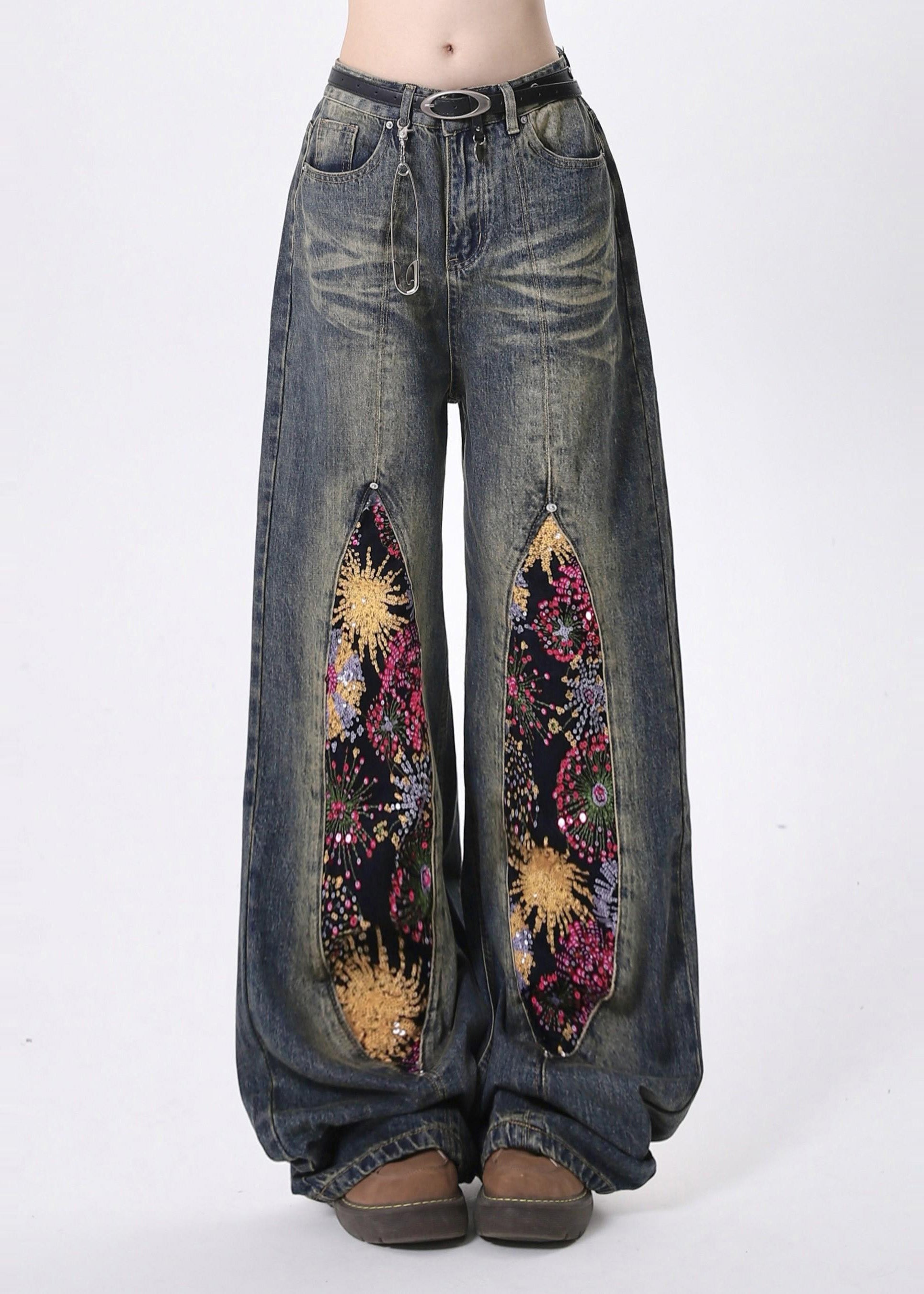 Chic Navy Sequins Patchwork Denim Pants Spring