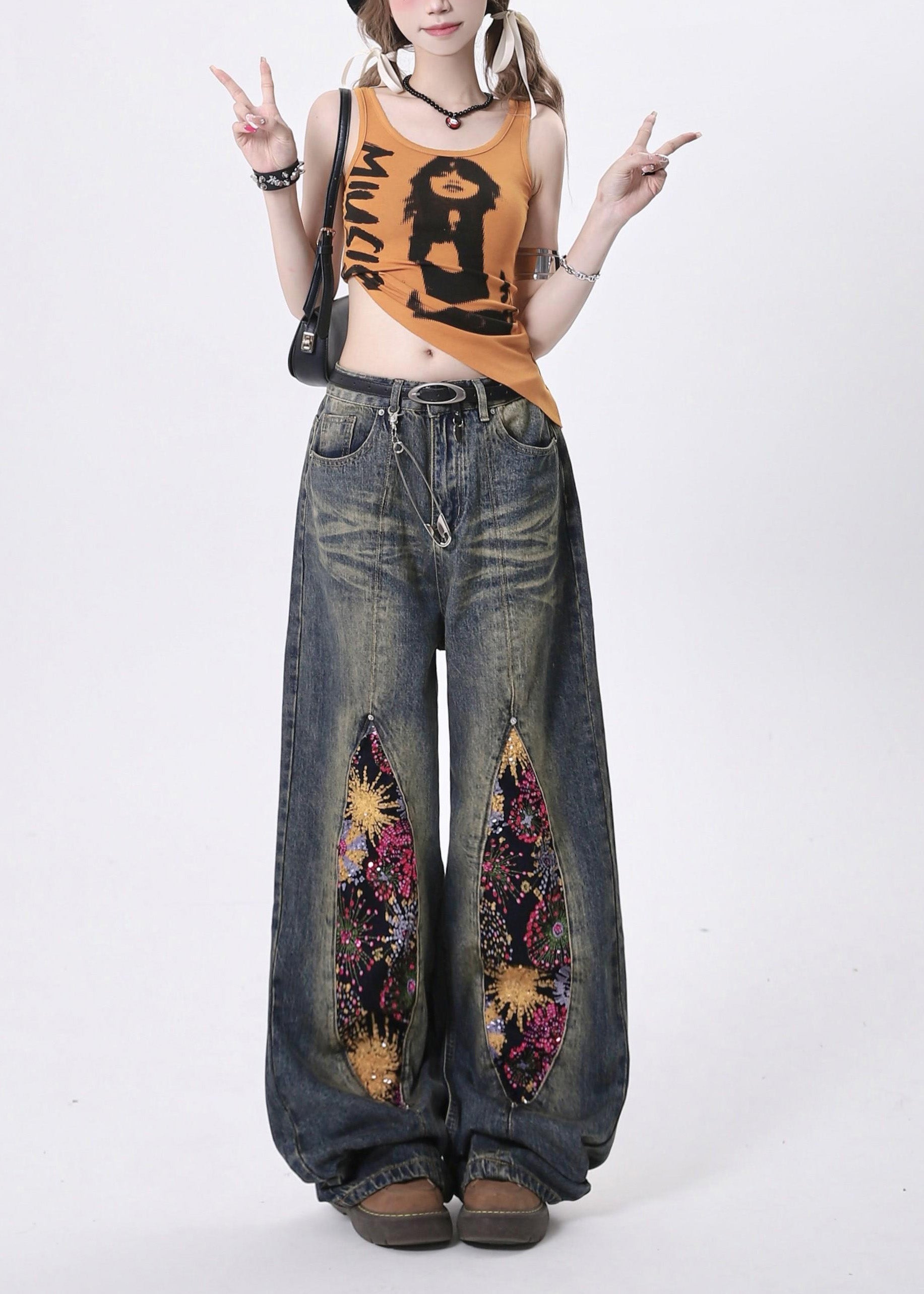 Chic Navy Sequins Patchwork Denim Pants Spring