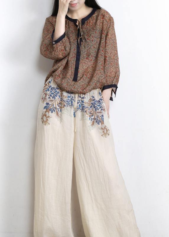 Chic Nude Print Elastic Waist Linen Pants