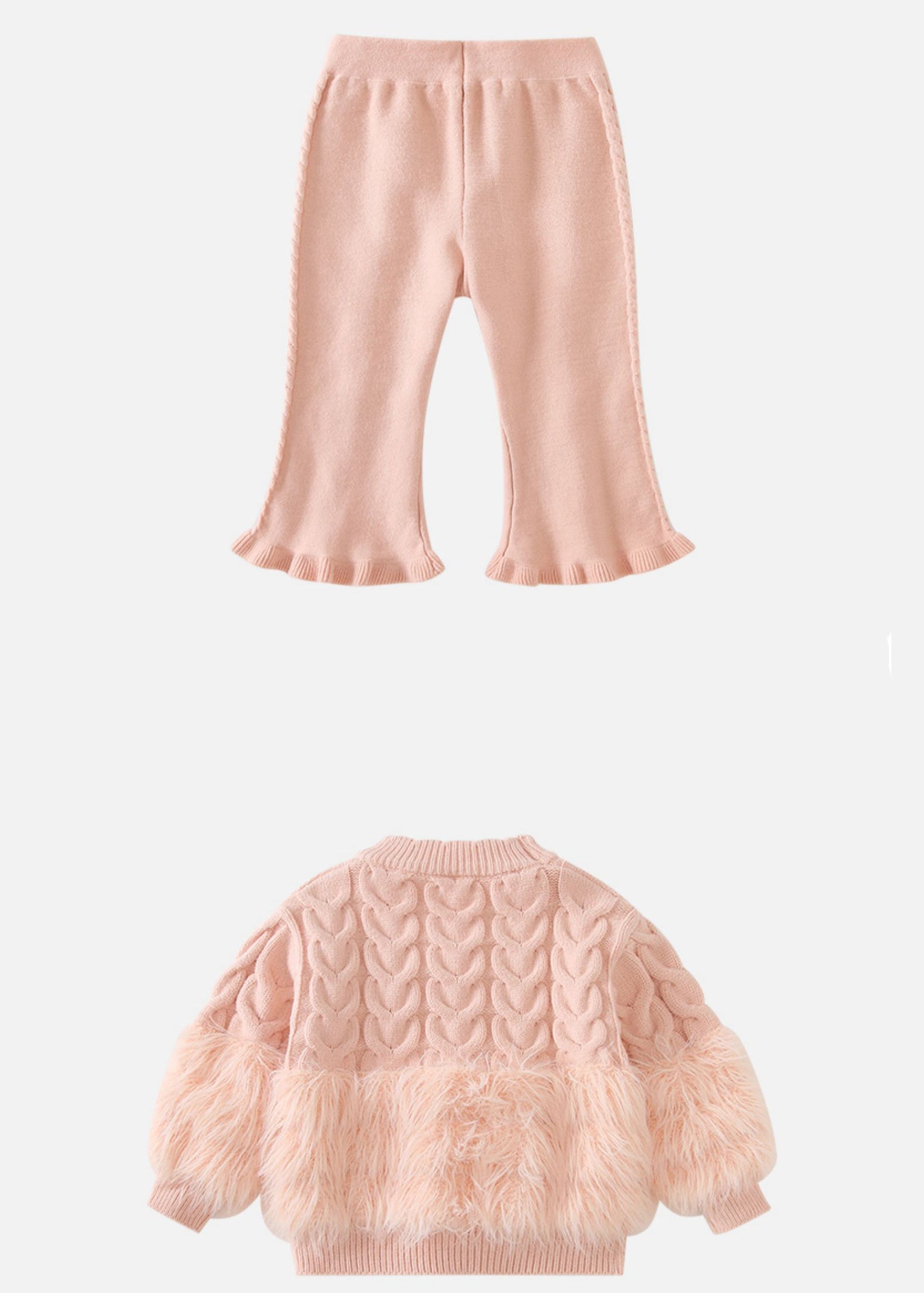 Chic Pink Fuzzy Fur Fluffy Patchwork Cotton Knit Kids Sweaters And Pants Two Pieces Set Winter