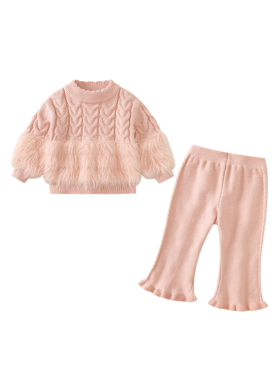 Chic Pink Fuzzy Fur Fluffy Patchwork Cotton Knit Kids Sweaters And Pants Two Pieces Set Winter