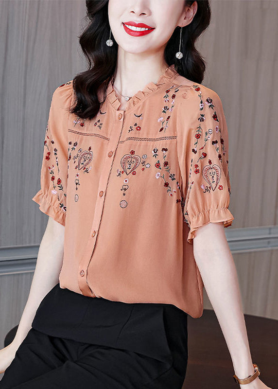 Chic Pink Ruffled Embroidered Silk Shirt Summer