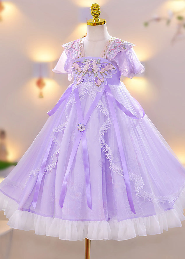 Chic Purple Embroideried Tassel Lace Patchwork Tulle Girls Maxi Dress Summer