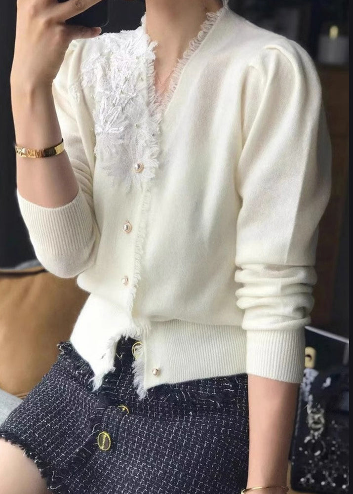 Chic White V Neck Tasseled Embroidered Woolen Cardigan Fall