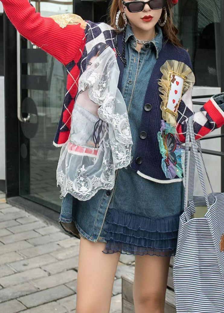 Chic Red Knit Patchwork Denim Ruffled Fall Long Sleeve Coat