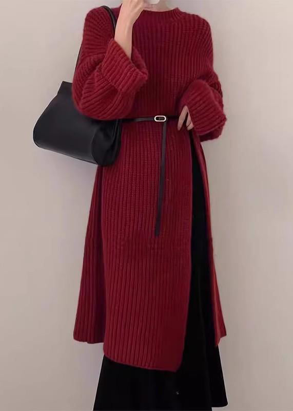 Chic Red O Neck Side Open Knit Long Sweater Winter