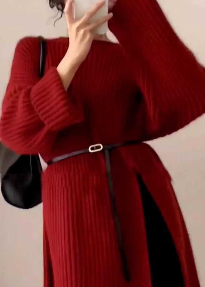 Chic Red O Neck Side Open Knit Long Sweater Winter