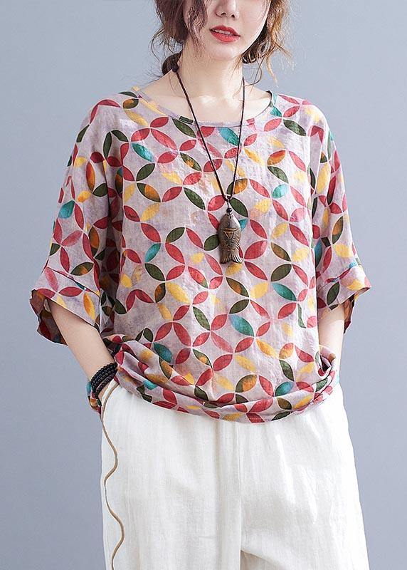 Chic Red Print Half Sleeve Cotton Linen Summer Shirt