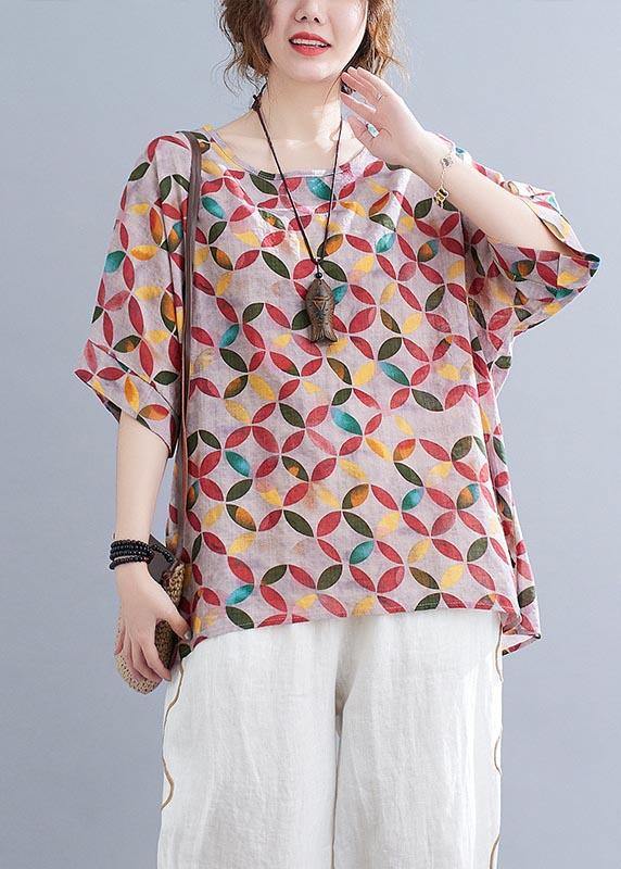 Chic Red Print Half Sleeve Cotton Linen Summer Shirt