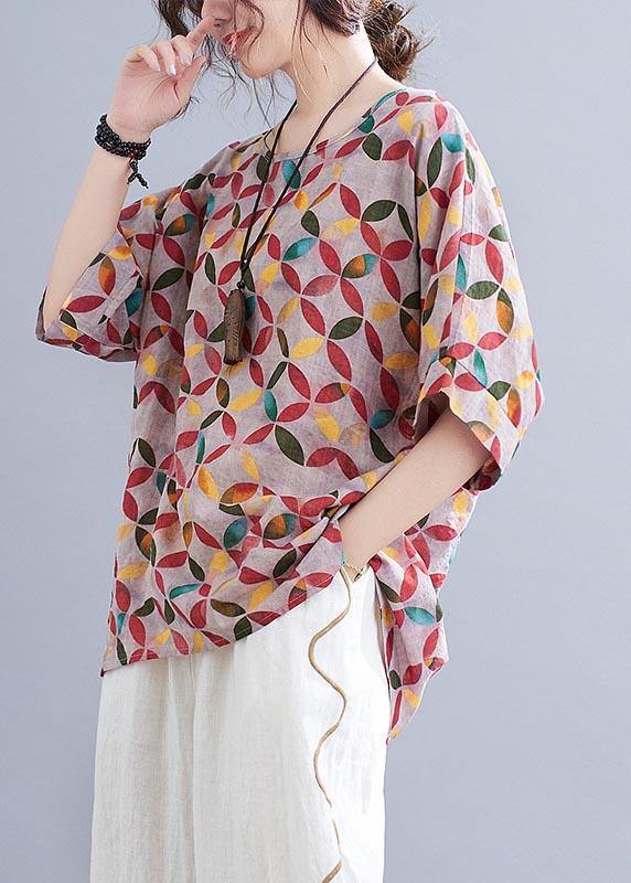 Chic Red Print Half Sleeve Cotton Linen Summer Shirt