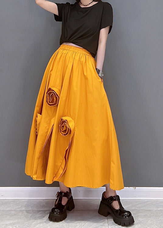 Chic Solid Orange Elastic Waist Pockets Floral Cotton A Line Skirt Summer