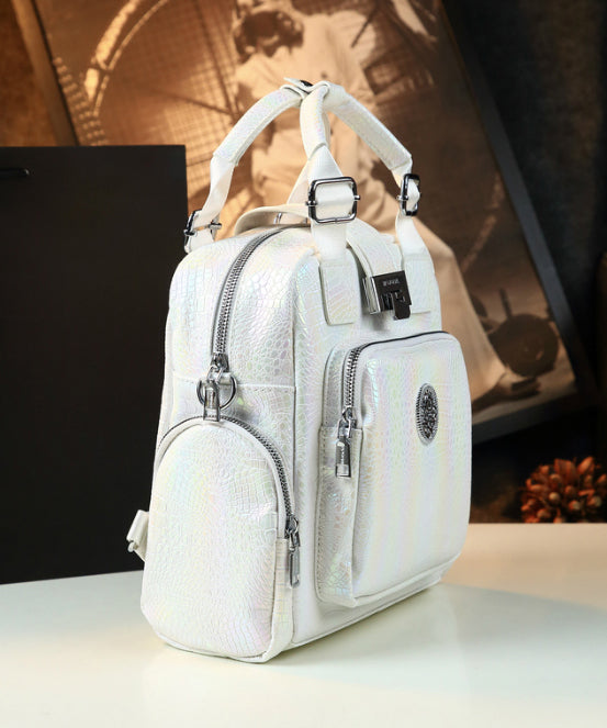 Chic White Embossed Pockets Calf Leather Tote Backpack Bag