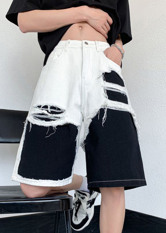 Chic White Hollow Out Pockets Patchwork Denim Mens Shorts Summer