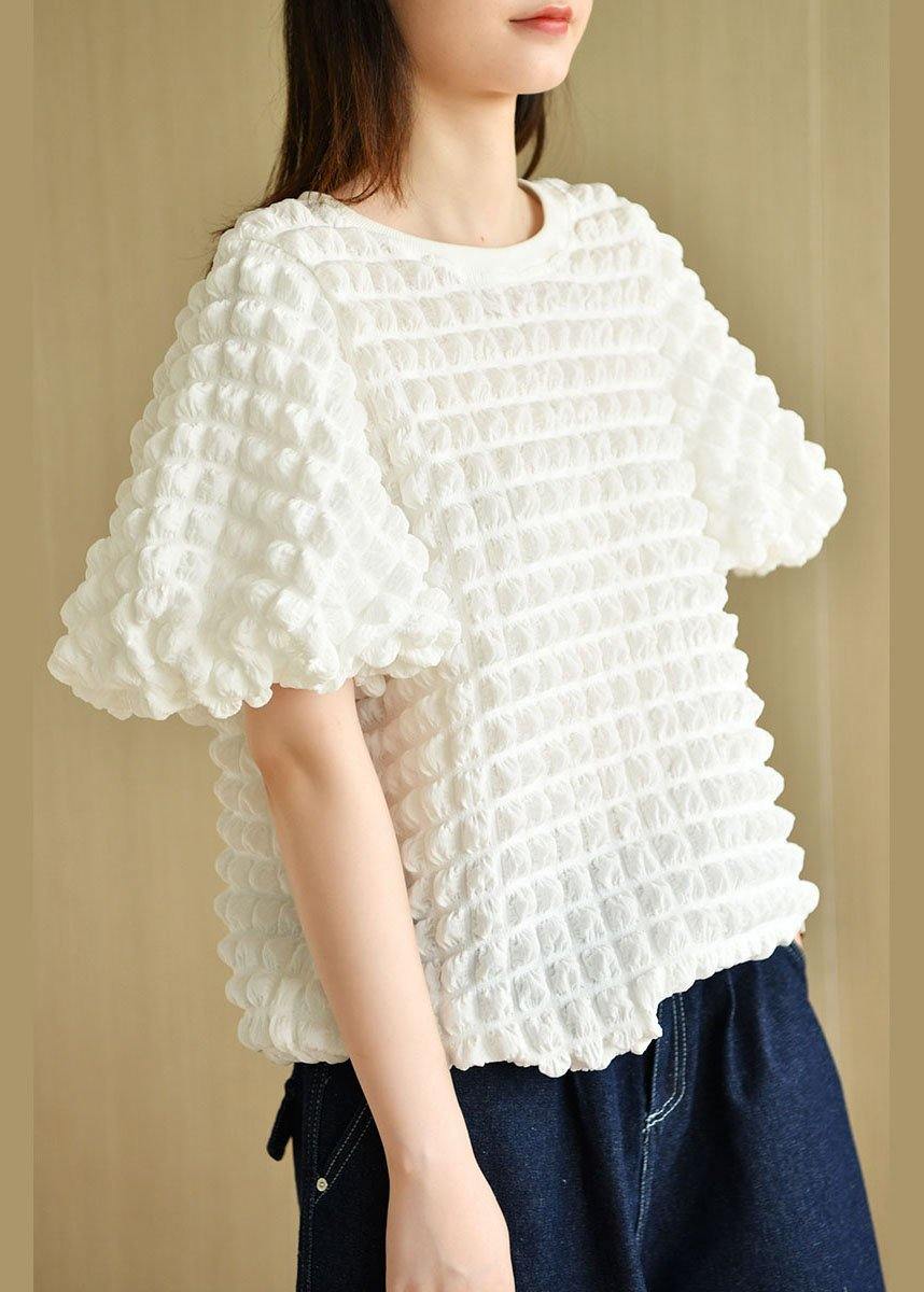 Chic White O-Neck Puff Sleeve Summer Cotton Tops