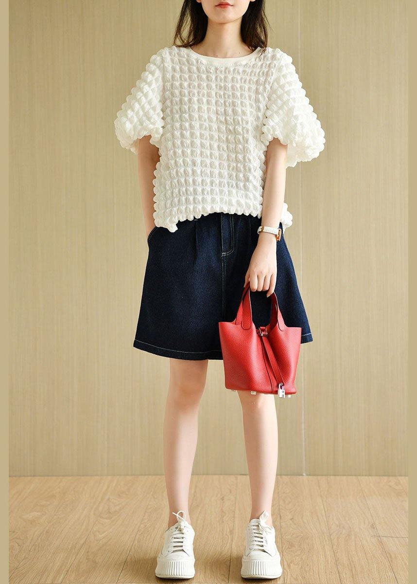 Chic White O-Neck Puff Sleeve Summer Cotton Tops