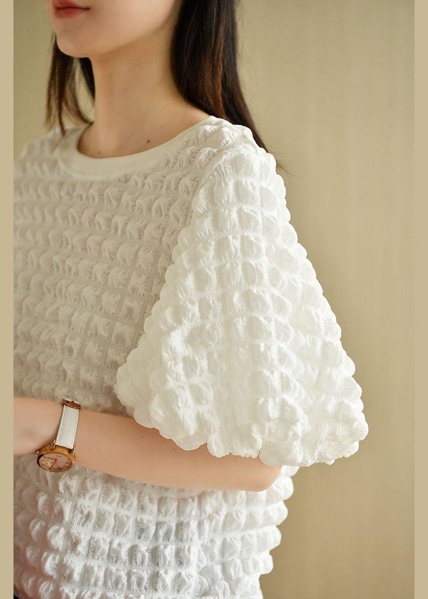 Chic White O-Neck Puff Sleeve Summer Cotton Tops