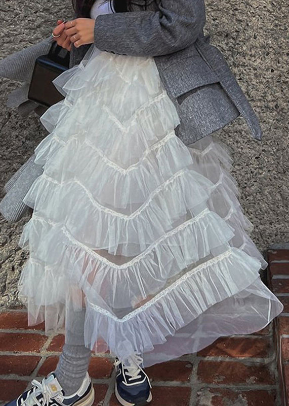 Chic White Ruffles Patchwork High Waist Tulle Skirt Summer