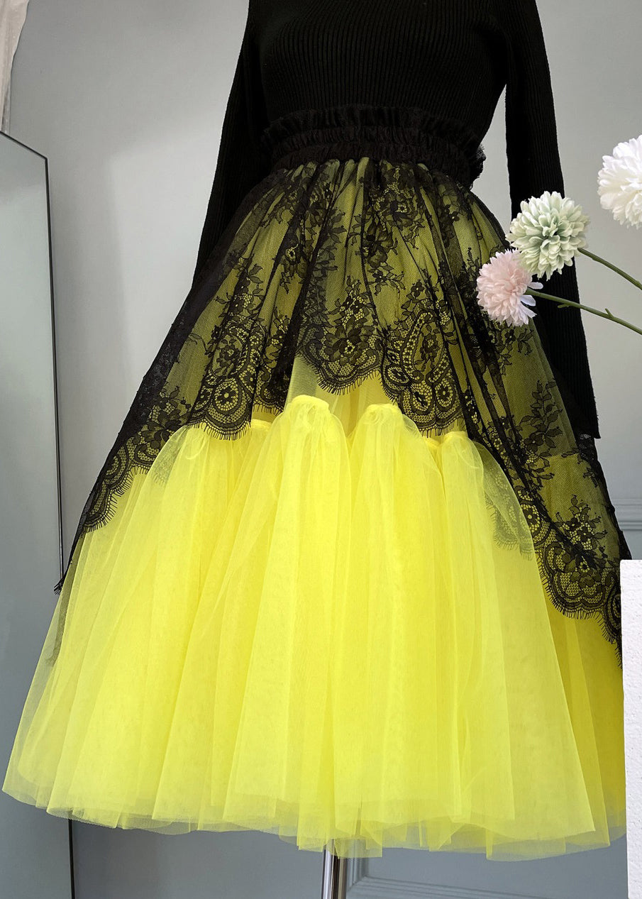 Chic Yellow Lace Elastic Waist Patchwork Tulle Skirts Summer