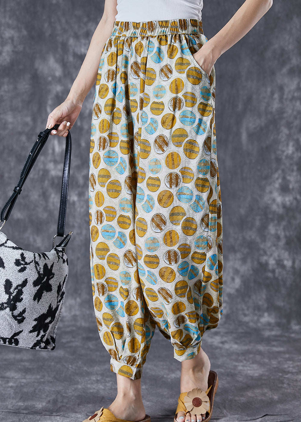 Chic Yellow Oversized Print Pockets Linen Silk Pants Summer