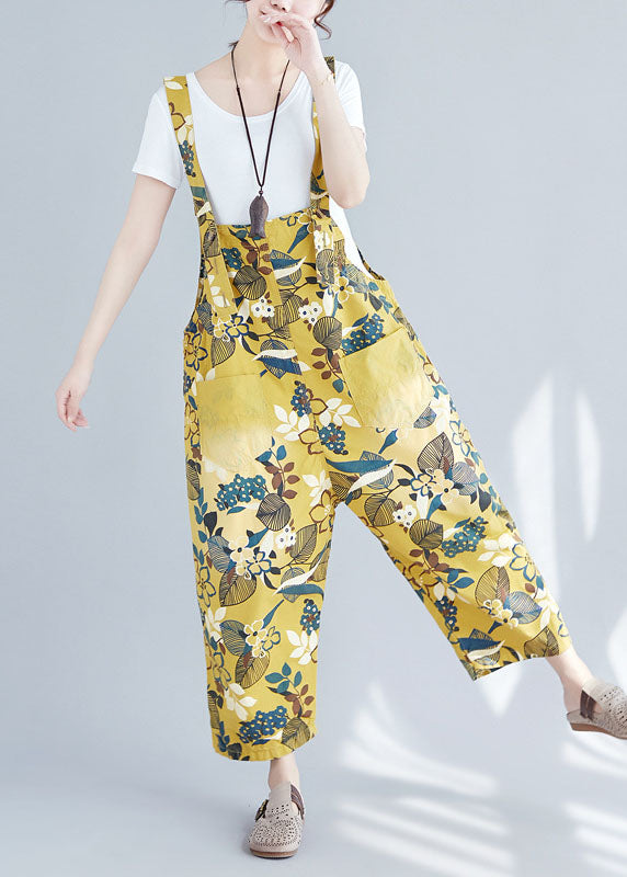 Chic Yellow Pockets Print Denim Crop Wide Leg Jumpsuit Spring