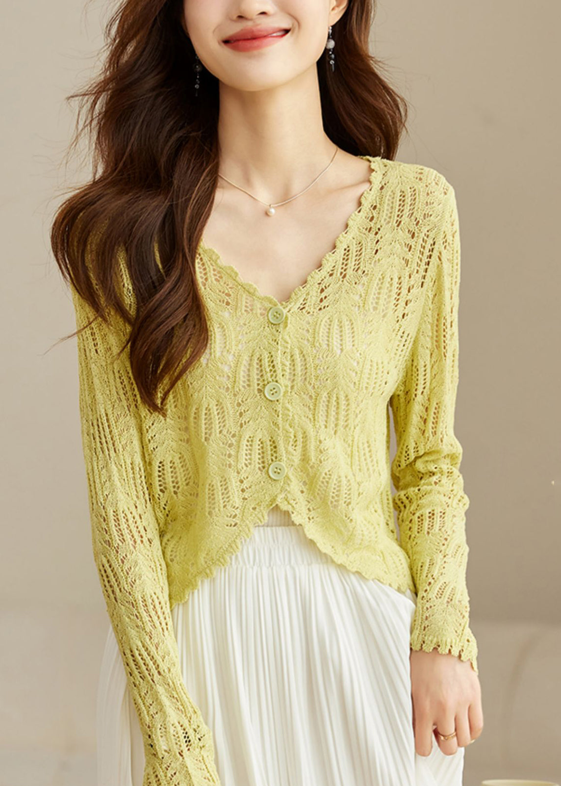 Chic Yellow V Neck Hollow Out Knit Cardigans Summer