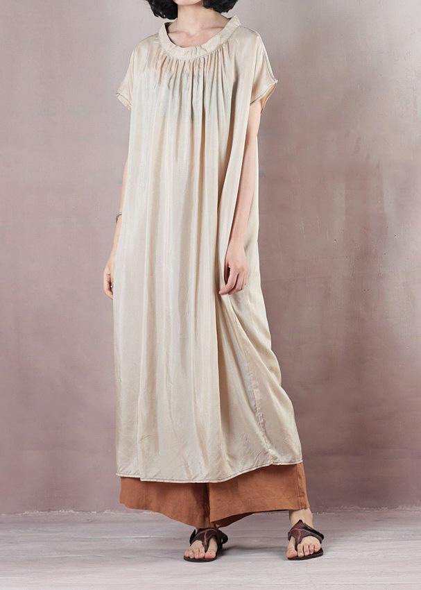 Chic beige cotton dress short sleeve Cinched Dress