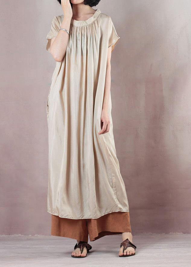 Chic beige cotton dress short sleeve Cinched Dress