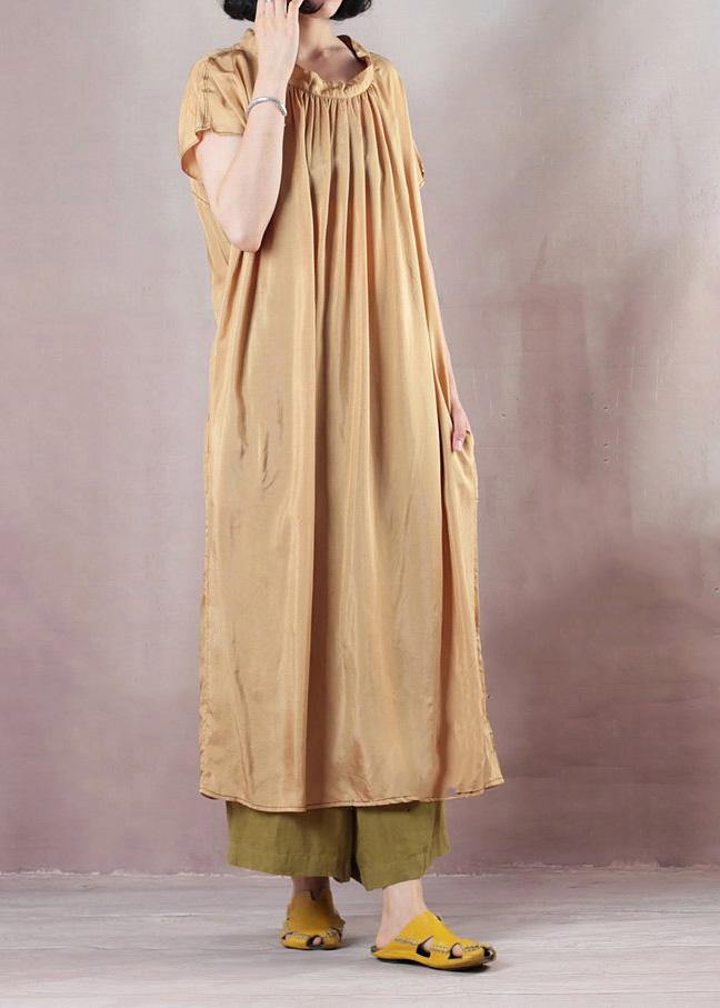 Chic beige cotton dress short sleeve Cinched Dress