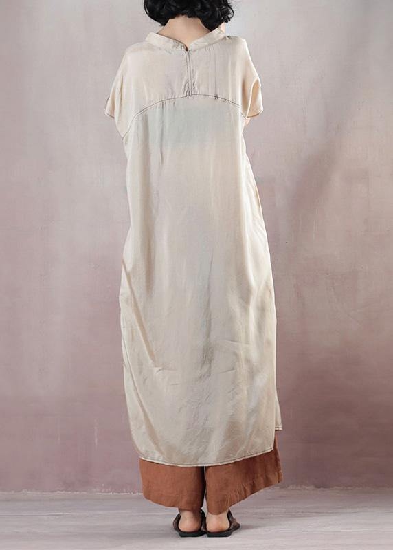 Chic beige cotton dress short sleeve Cinched Dress