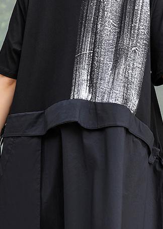 Chic black Cotton Long Shirts o neck patchwork Art summer Dress