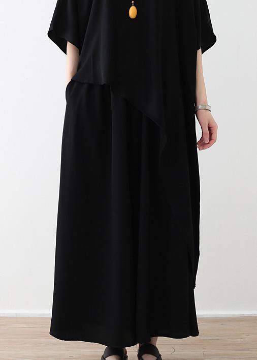 Chic black clothes 2025 Fabrics tops and wide leg pants asymmetric Plus Size Clothing Summer two pieces